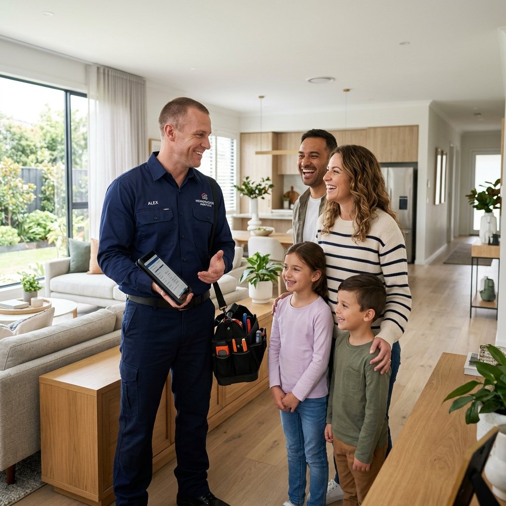 Professional technician helping a happy family in a modern home